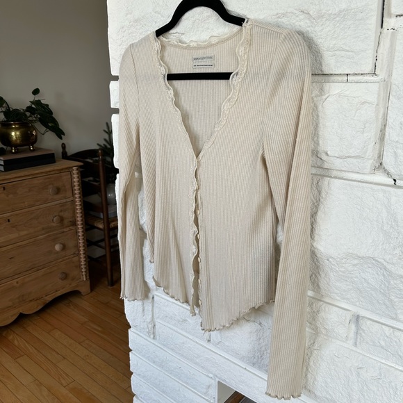UO Urban Outfitters Lace Trim Ribbed Dainty Cream Cardigan - Picture 3 of 9